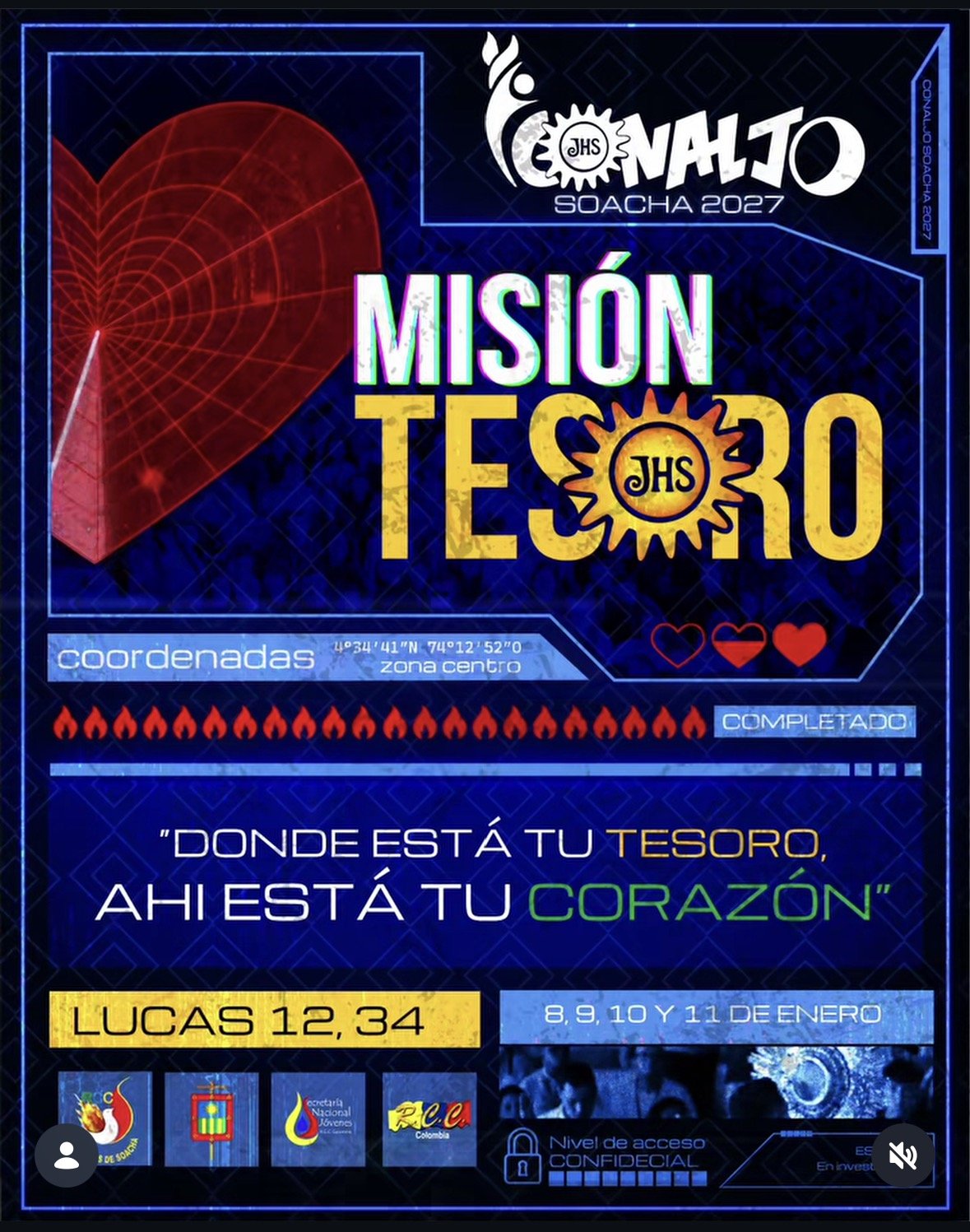 Afiche del CONALJO Soacha 2027, «Misión Tesoro», con un corazón rojo, el monograma JHS y la cita de Lucas 12,34, del 8 al 11 de enero.