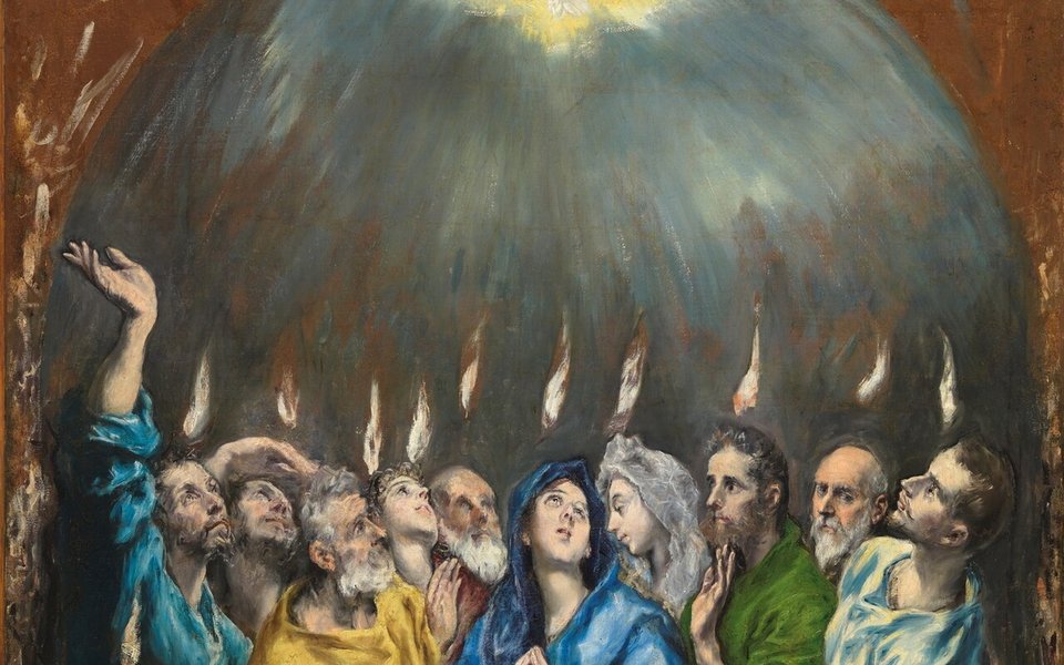 Pintura de Pentecostés: la Virgen María y los apóstoles miran al cielo, con pequeñas llamas sobre sus cabezas y una paloma en lo alto.